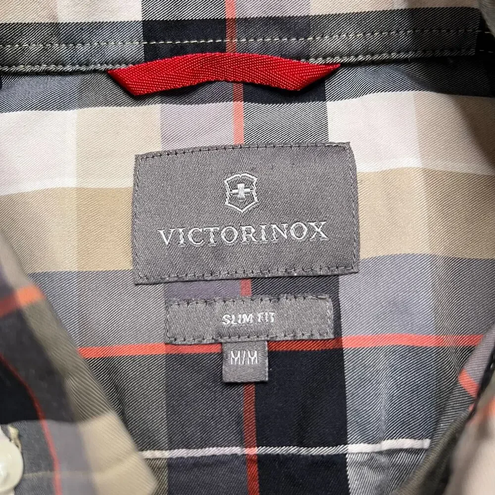 Victorinox Button Down Shirt Men’s Medium Slim Fit Plaid Gray Red Long Sleeve - Picture 3 of 10